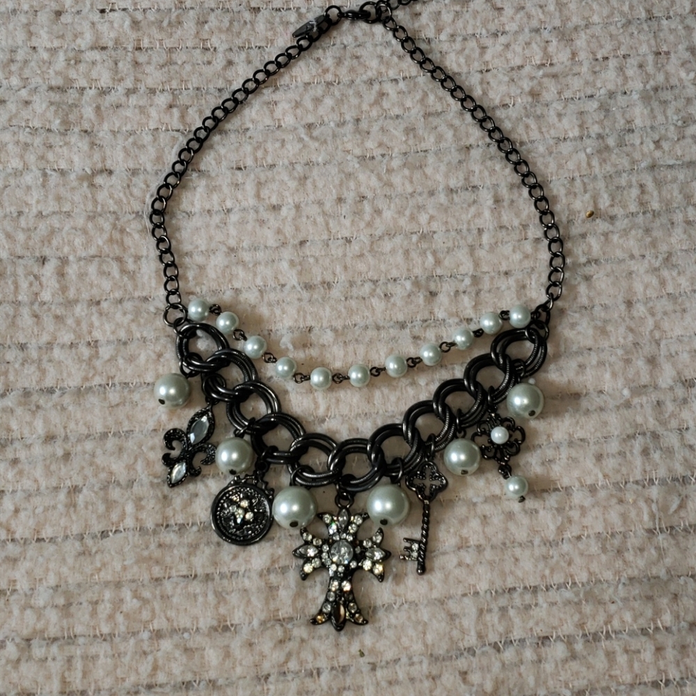 Cross Necklace with Pearls and Clear Crystals